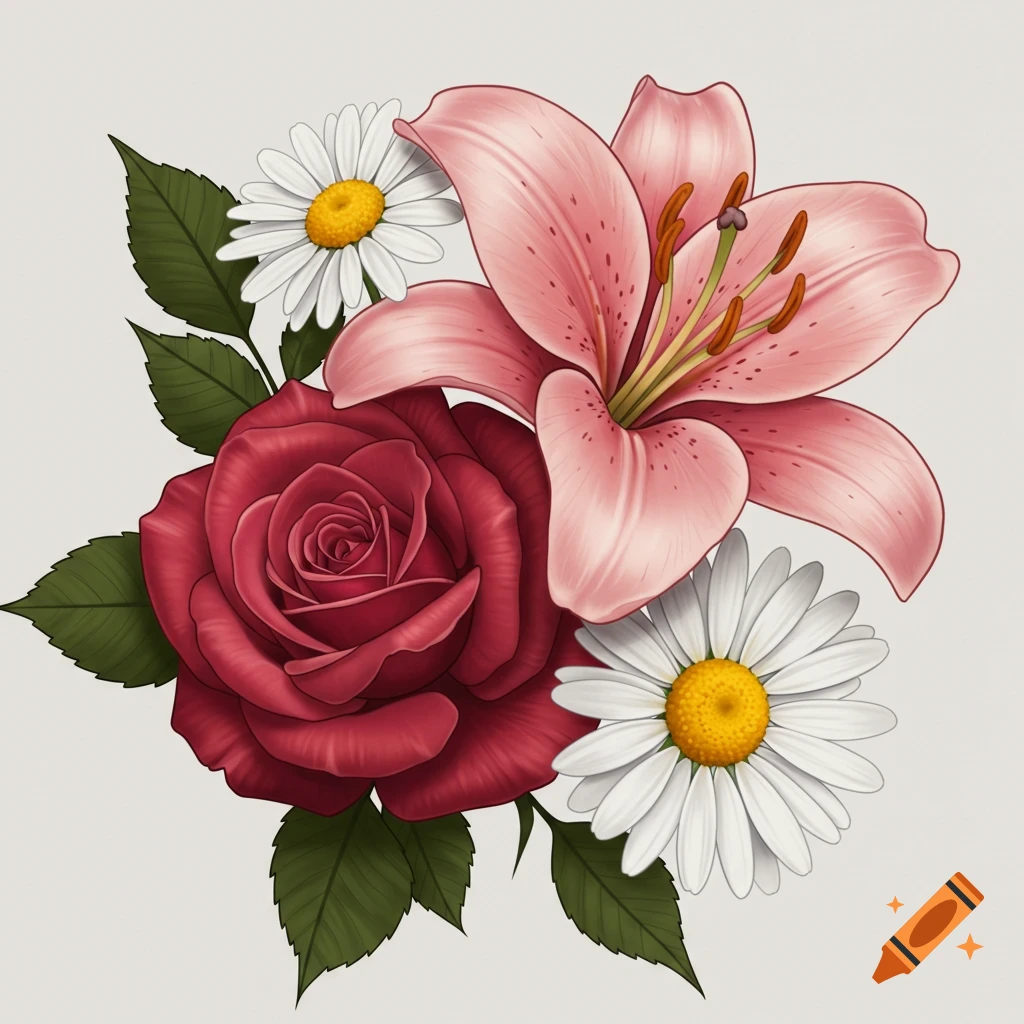 Red rose, pink lily, and two white daisies in an illustration style