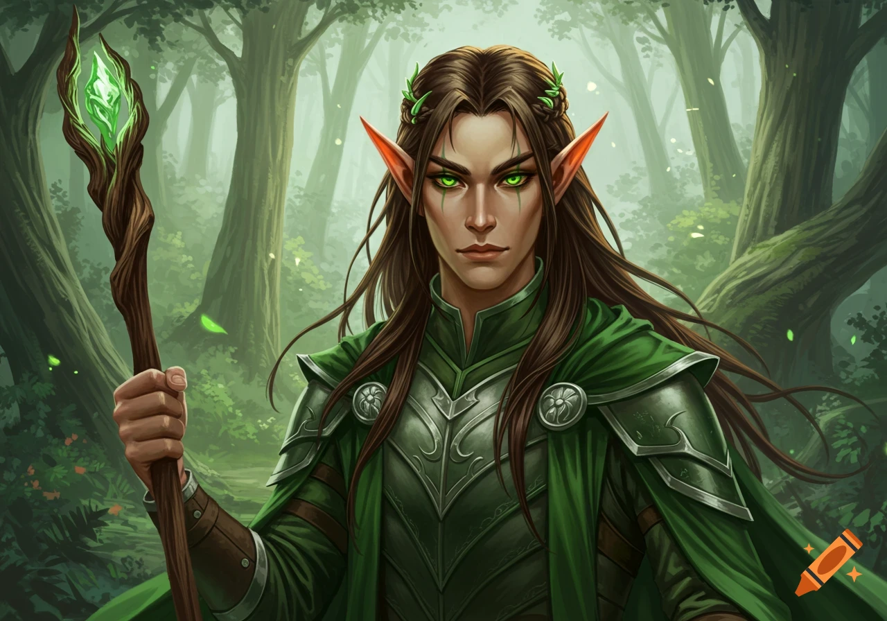 An elf with green eyes and armor holding a staff in a forest.