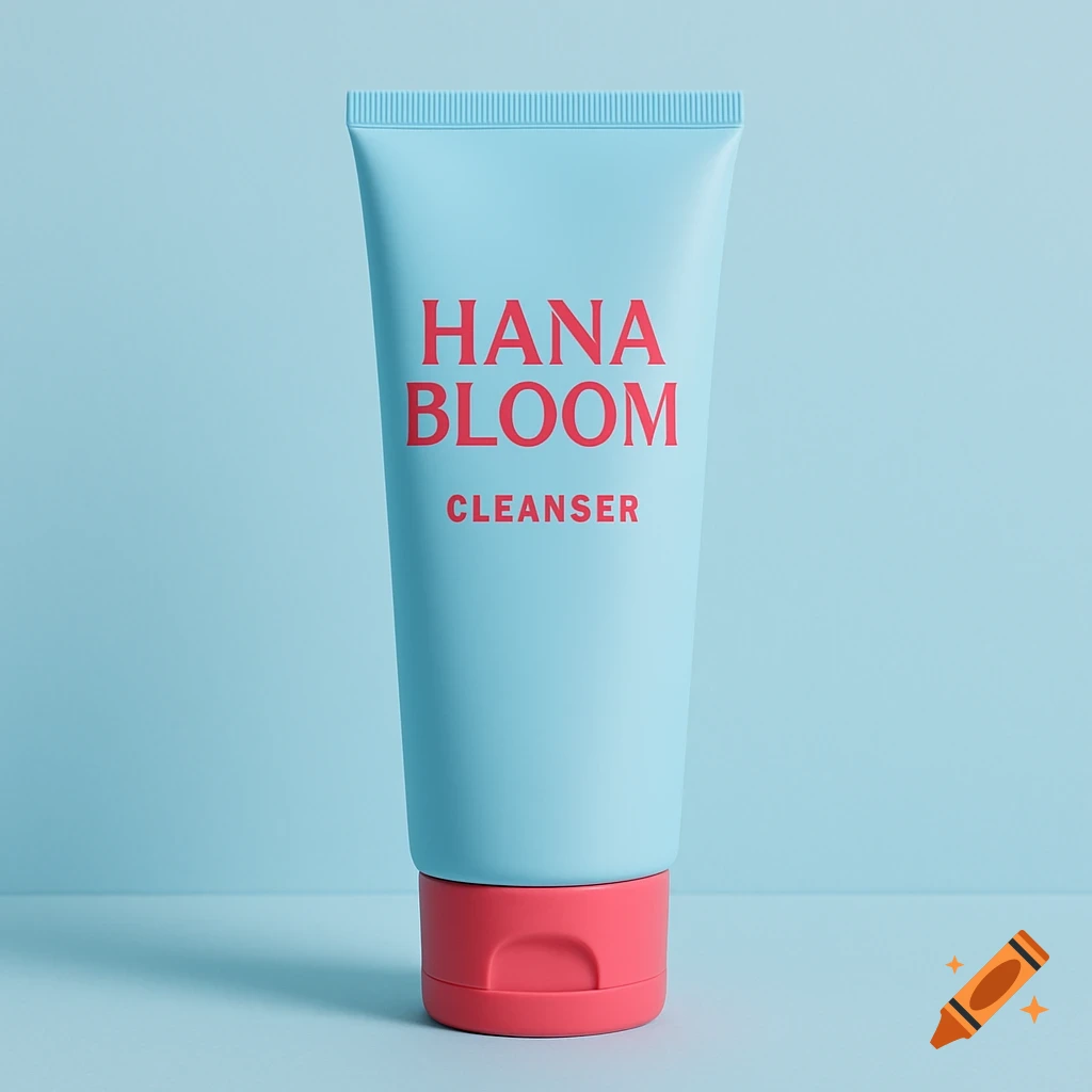 A light blue tube of Hana Bloom cleanser with a coral pink cap on a blue background.