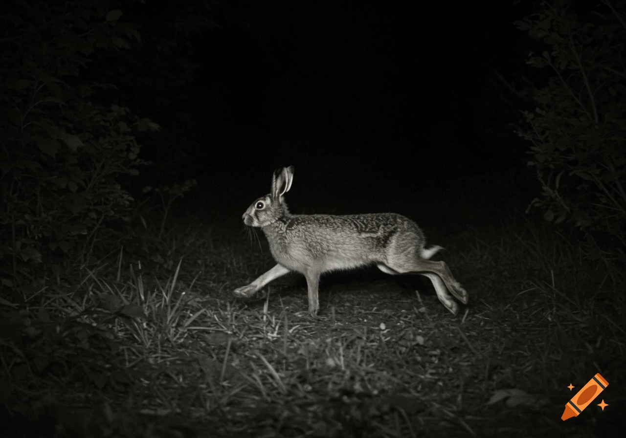A black and white trail camera photo of a hare running at night through grass.