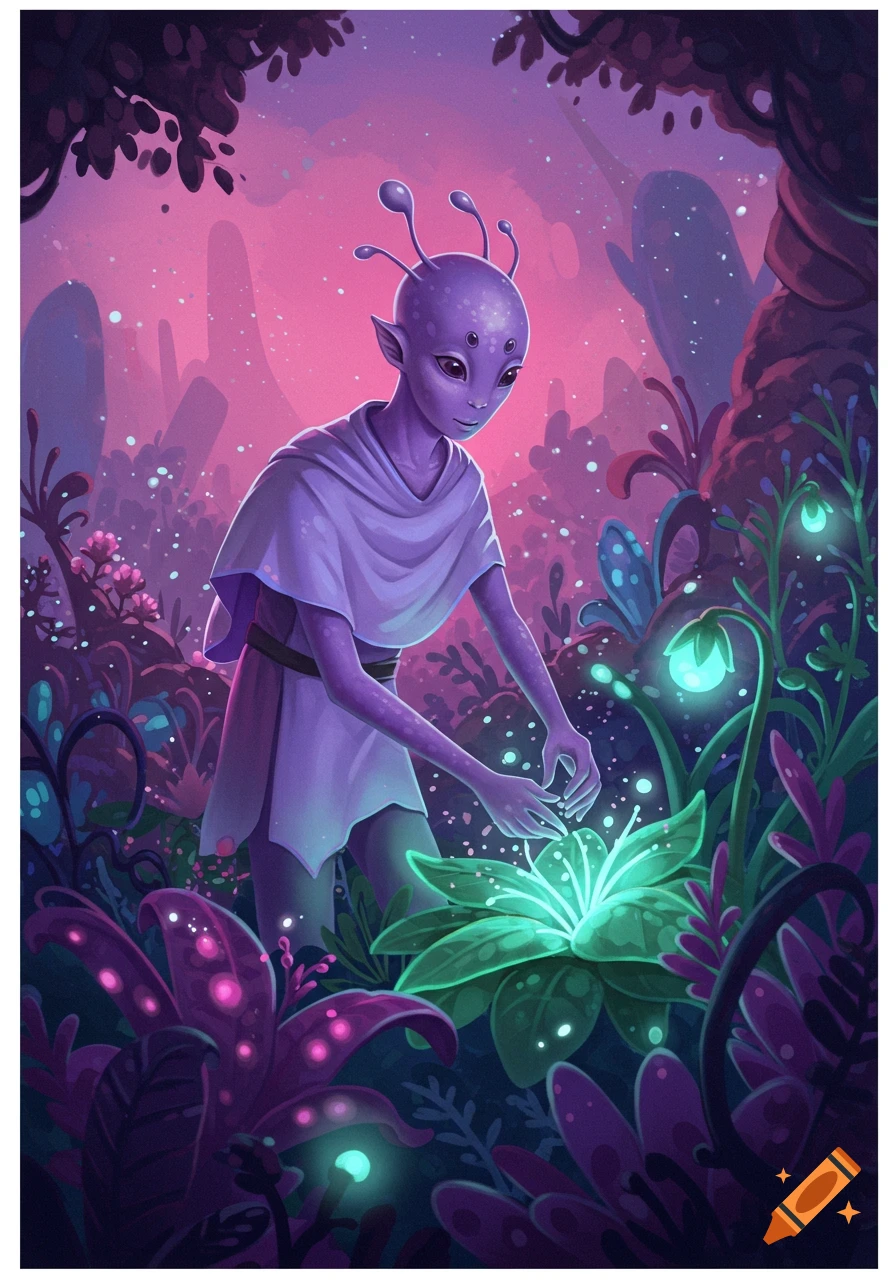 A purple alien tends to glowing plants in a vibrant fantasy forest.