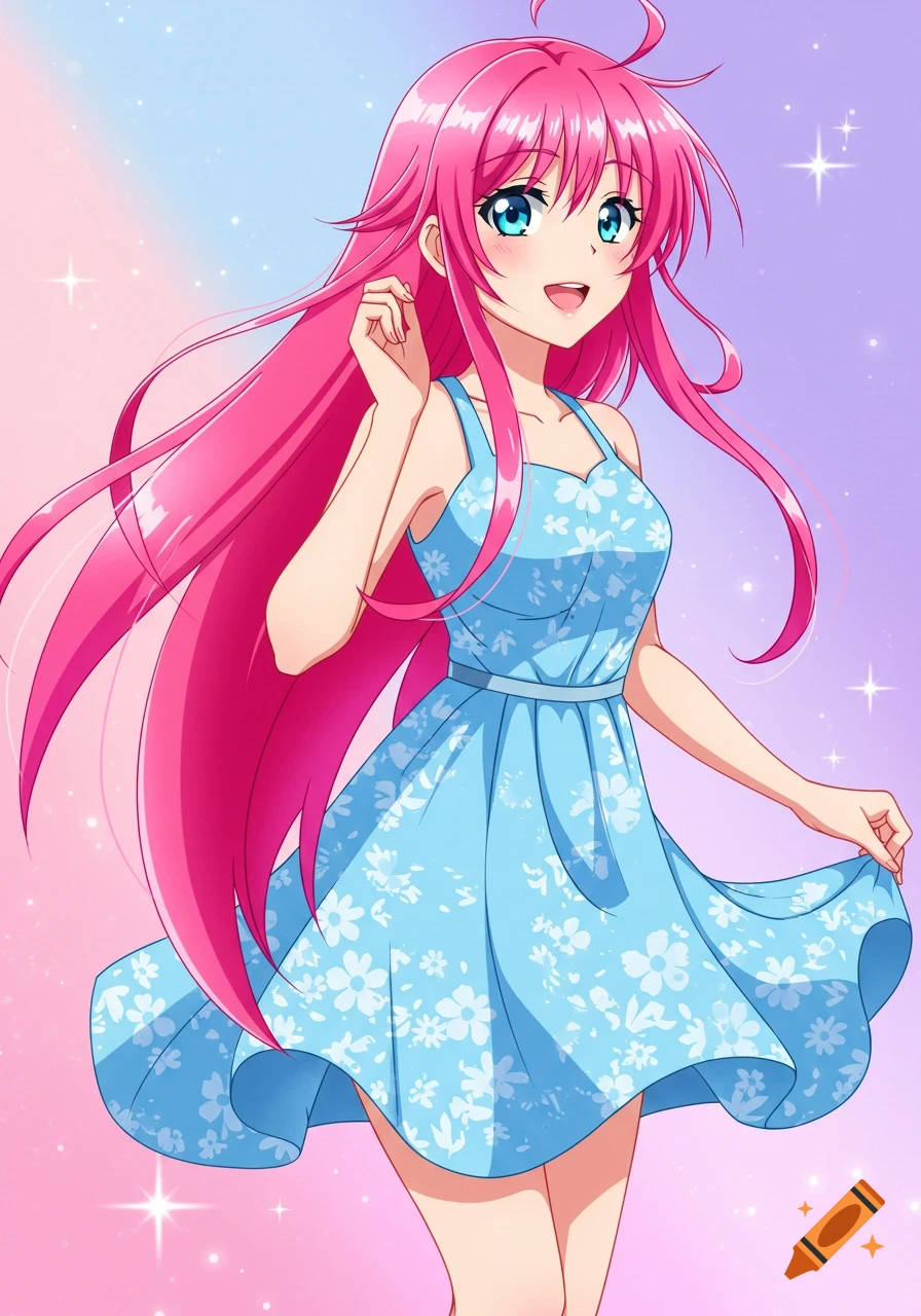 Anime woman with pink hair and blue eyes in a blue floral dress, smiling against a sparkling gradient background.