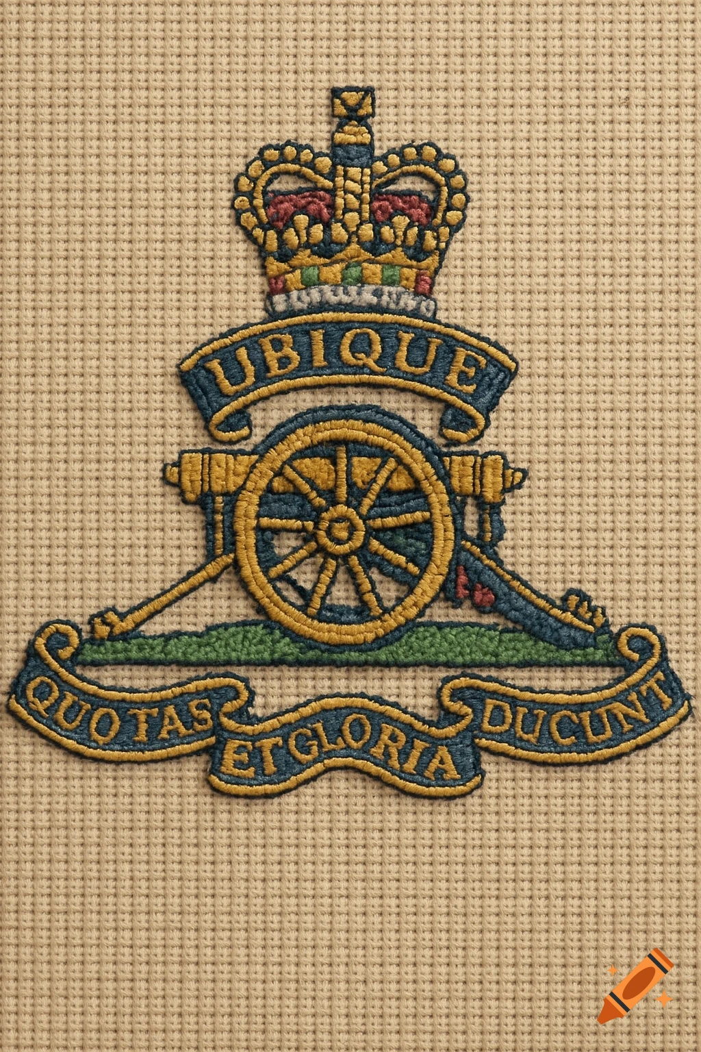 British Royal Artillery badge embroidered in cross-stitch style, featuring a crown, cannon, and motto scrolls.