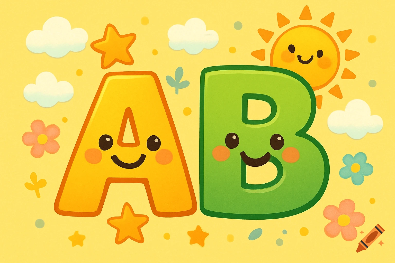 Cute cartoon letters A and B with happy faces, sun, stars, and flowers on a yellow background.