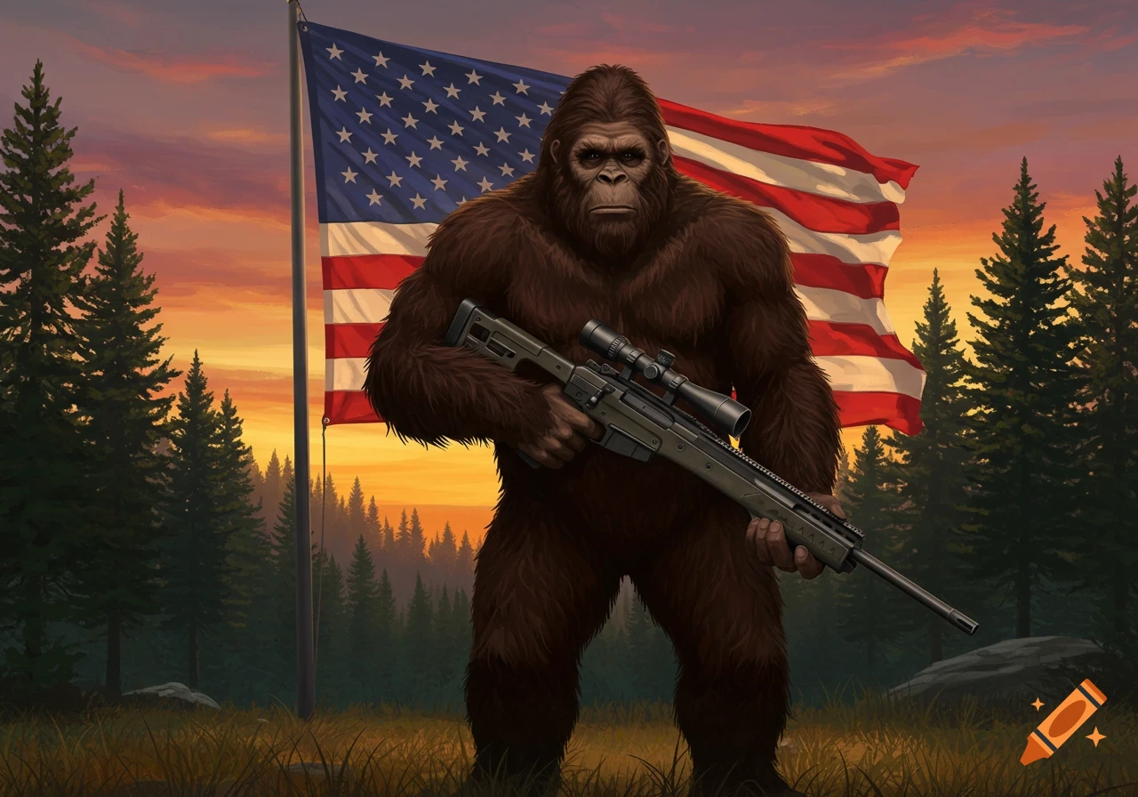 Bigfoot holds a sniper rifle in front of an American flag at sunset.