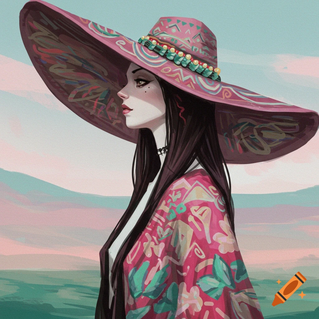 A woman in a large pink hat and colourful cloak against a sky background.