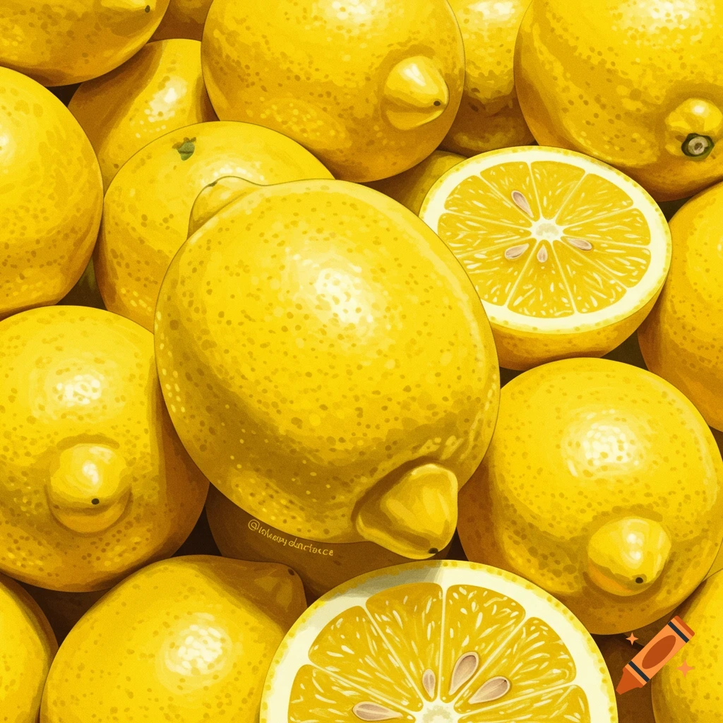 Close-up illustration of whole and sliced lemons piled together