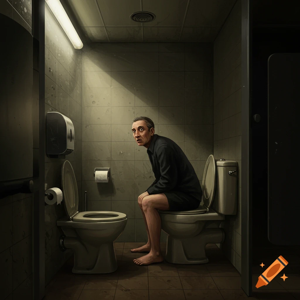 A startled man is sitting on a toilet in a public bathroom.