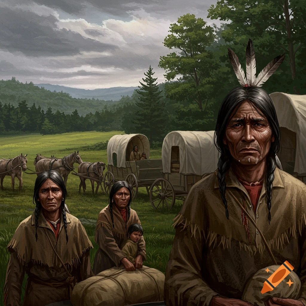 Native American people with covered wagons and horses are moving through a grassy landscape under a cloudy sky.