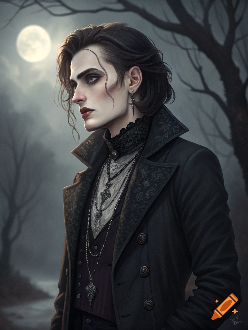 Gothic portrait of a person with dark makeup and coat standing in a misty forest at night with a full moon.