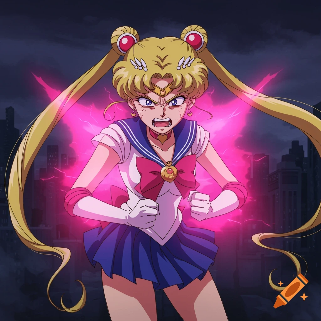 Sailor Moon stands angrily with a pink aura around her in front of a dark city skyline.