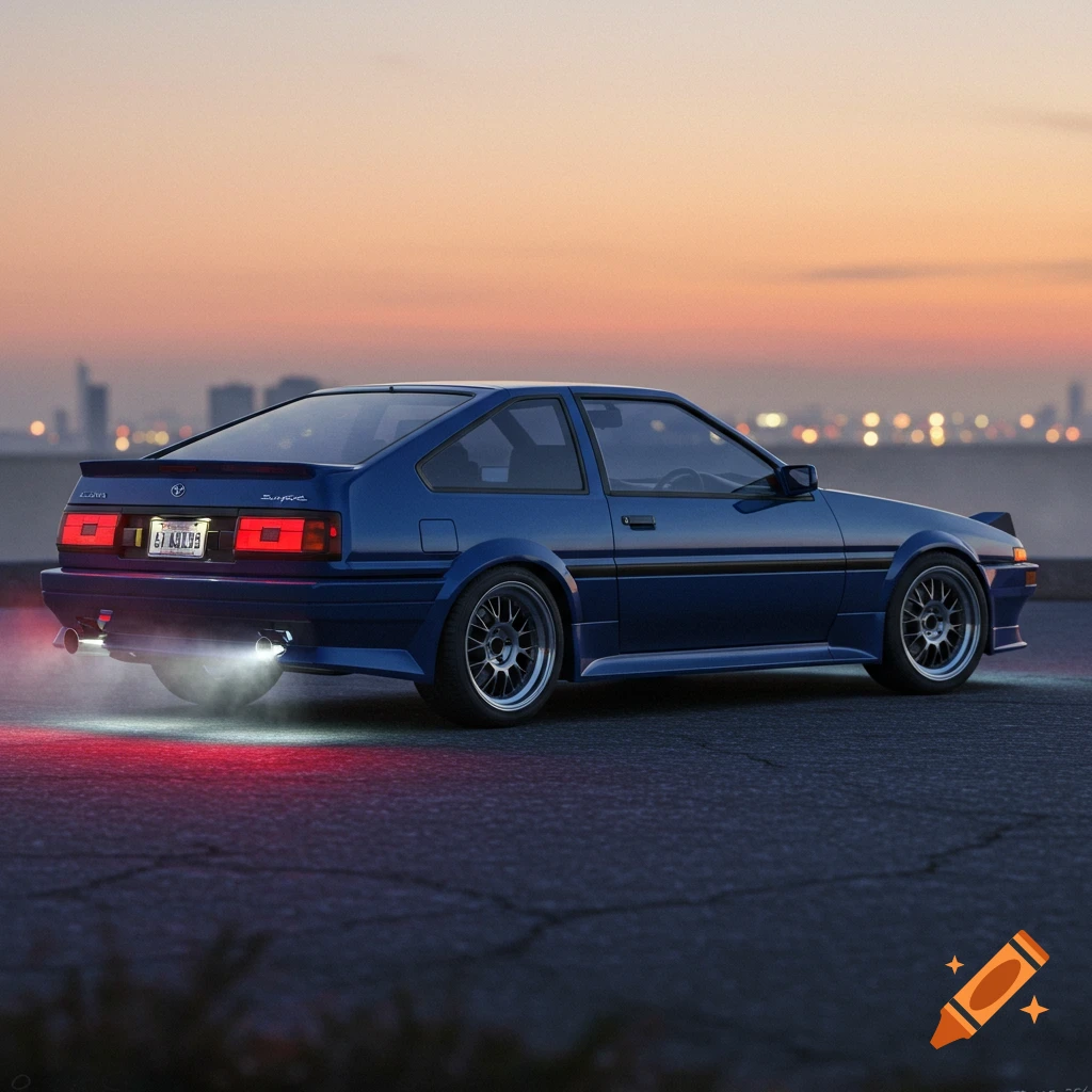 A blue Toyota Supra parked at sunset, viewed from the rear quarter, with a city skyline in the distance.