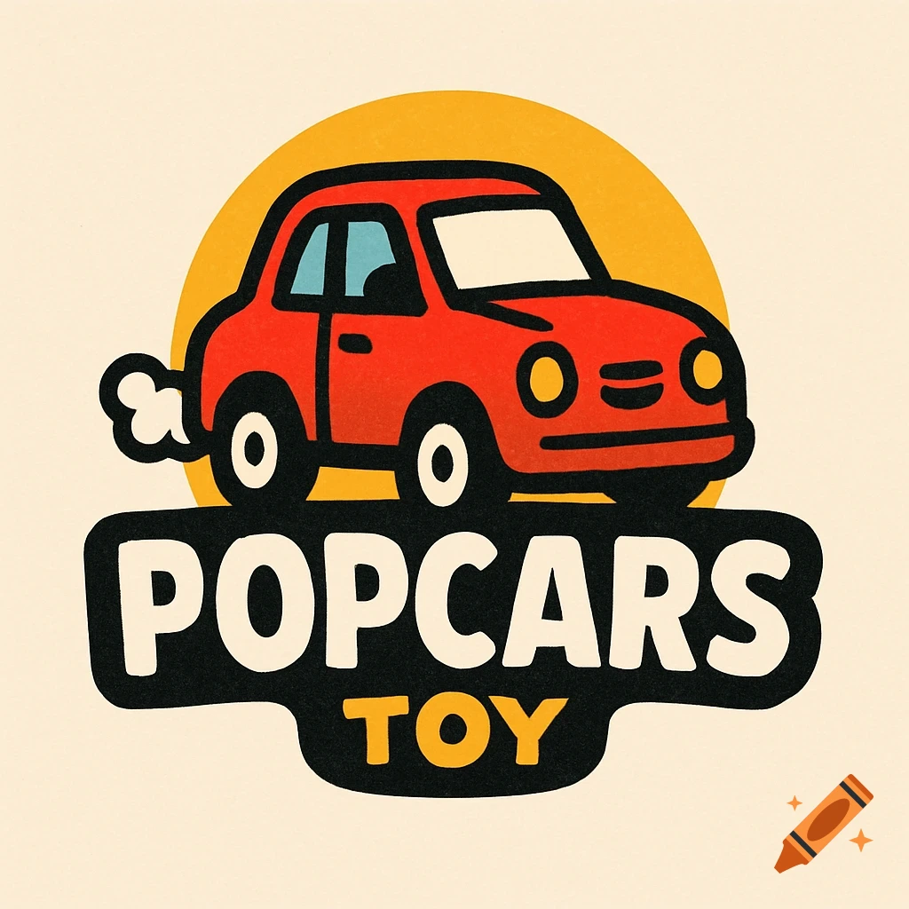 A logo with a red cartoon car above the text "POPCARS TOY" on a black banner, all on a yellow circle background.