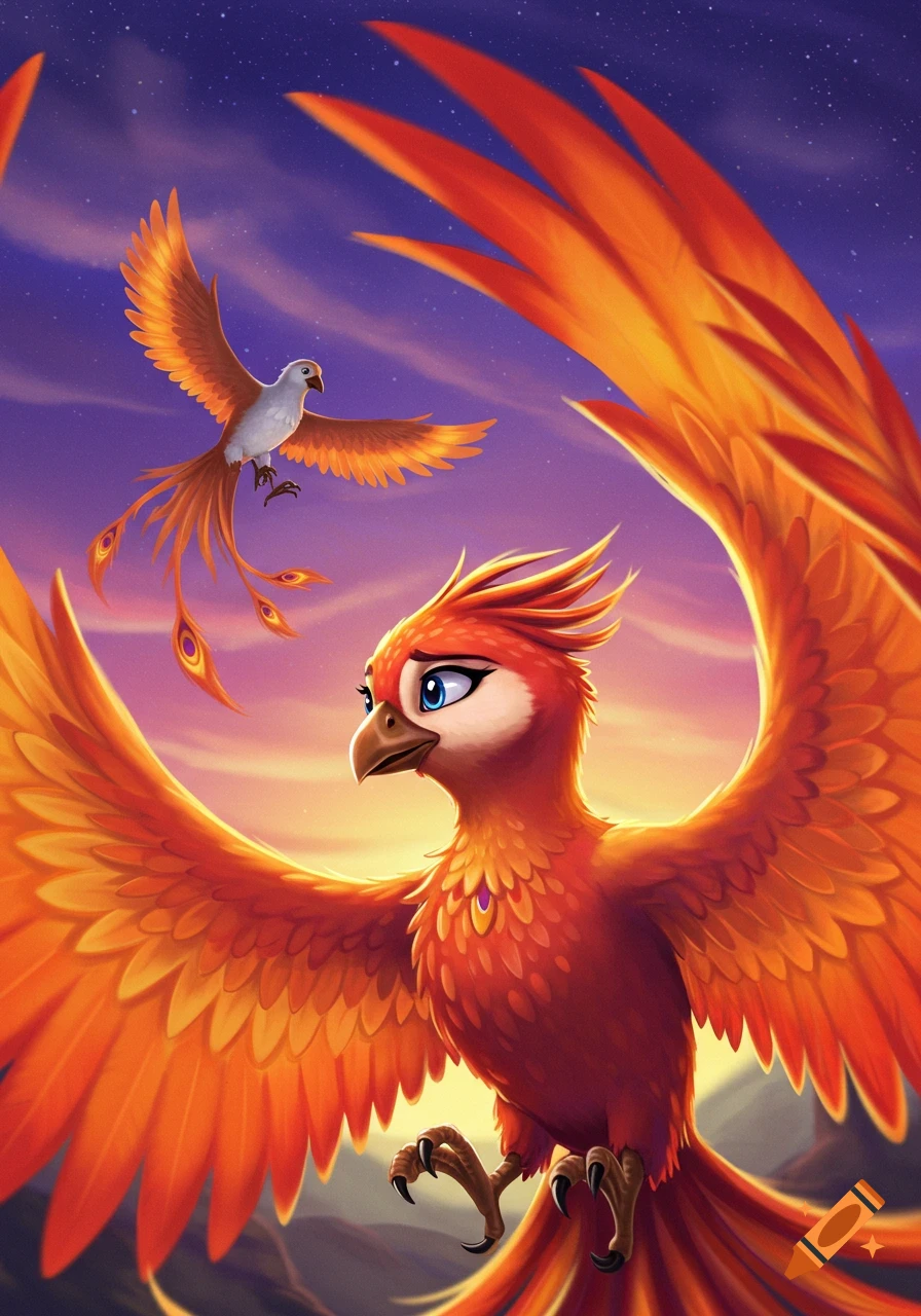 Two cartoon phoenixes fly against a starry purple and orange sky.