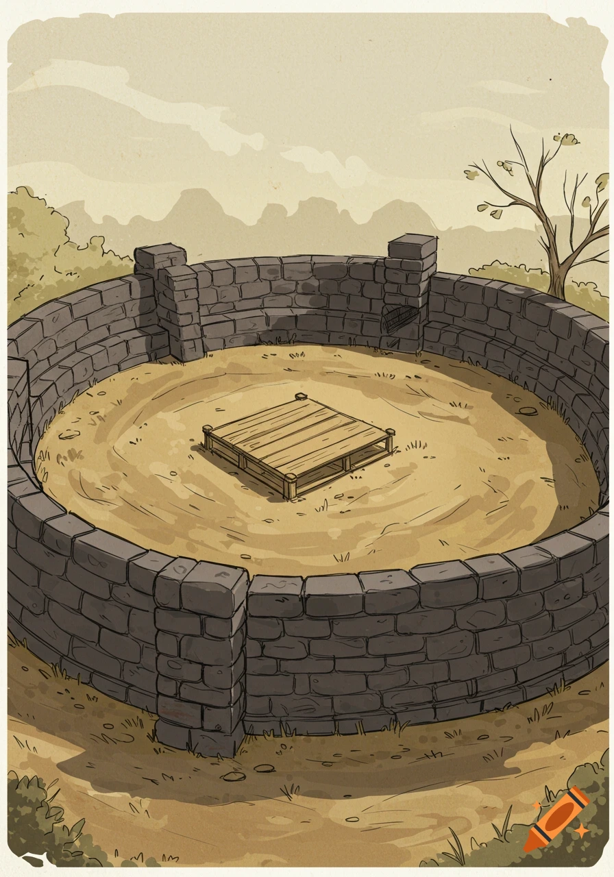 A simple sketch illustration of a circular stone arena with a wooden platform in the sandy center.