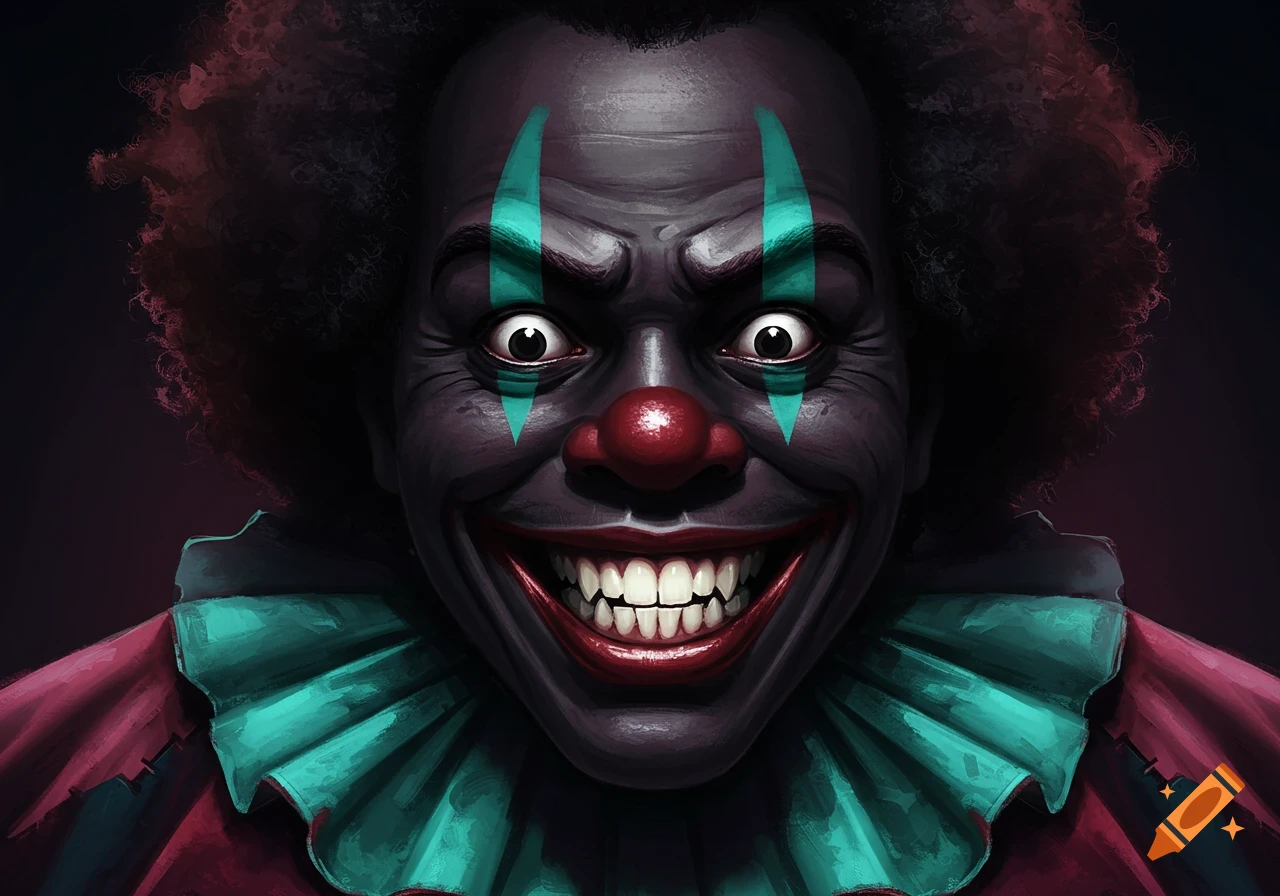 Close-up portrait of a creepy clown with wide eyes and a large smile in a horror style.