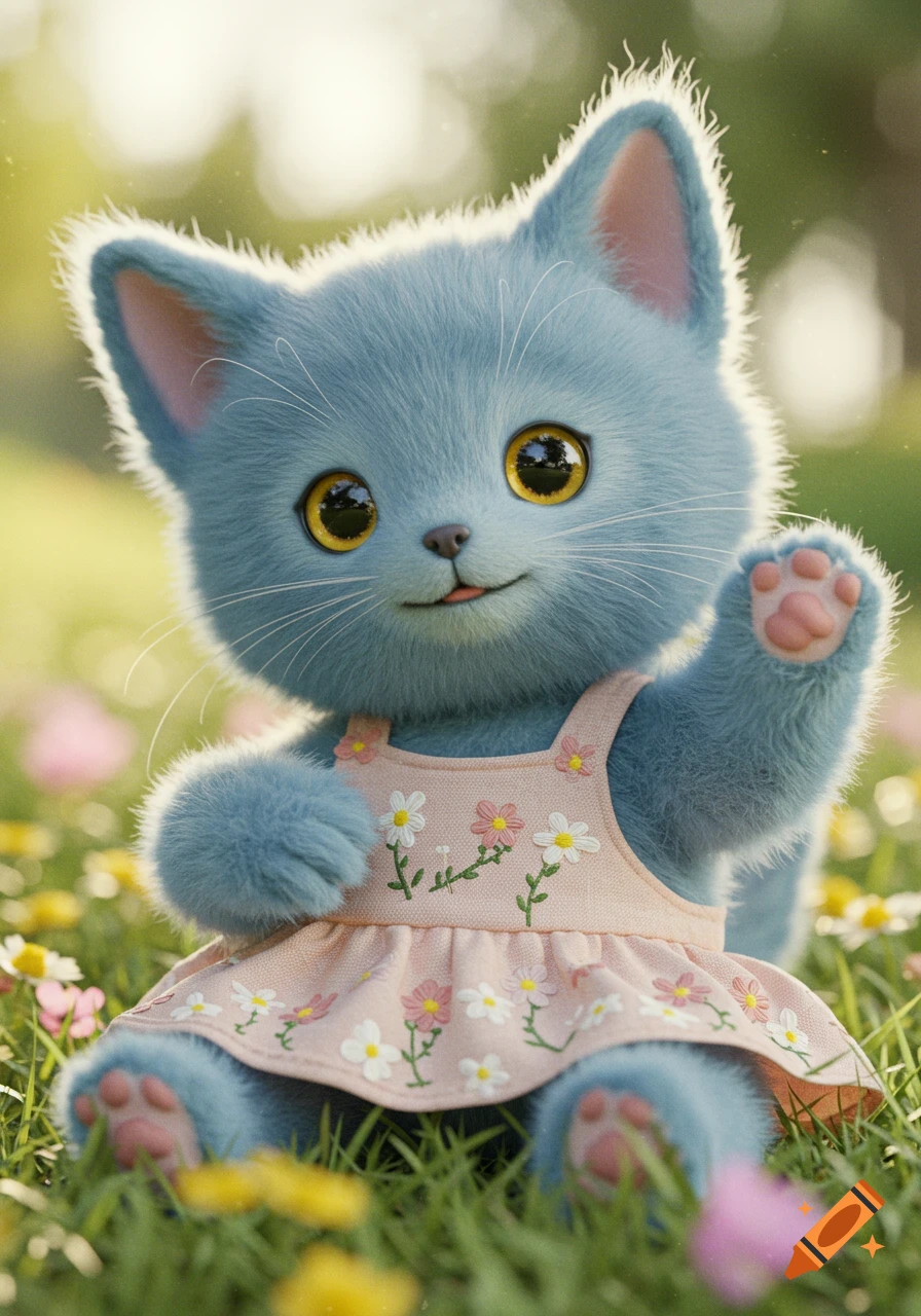 A cute blue fluffy cat wearing a pink floral dress sits in a field of flowers and waves.