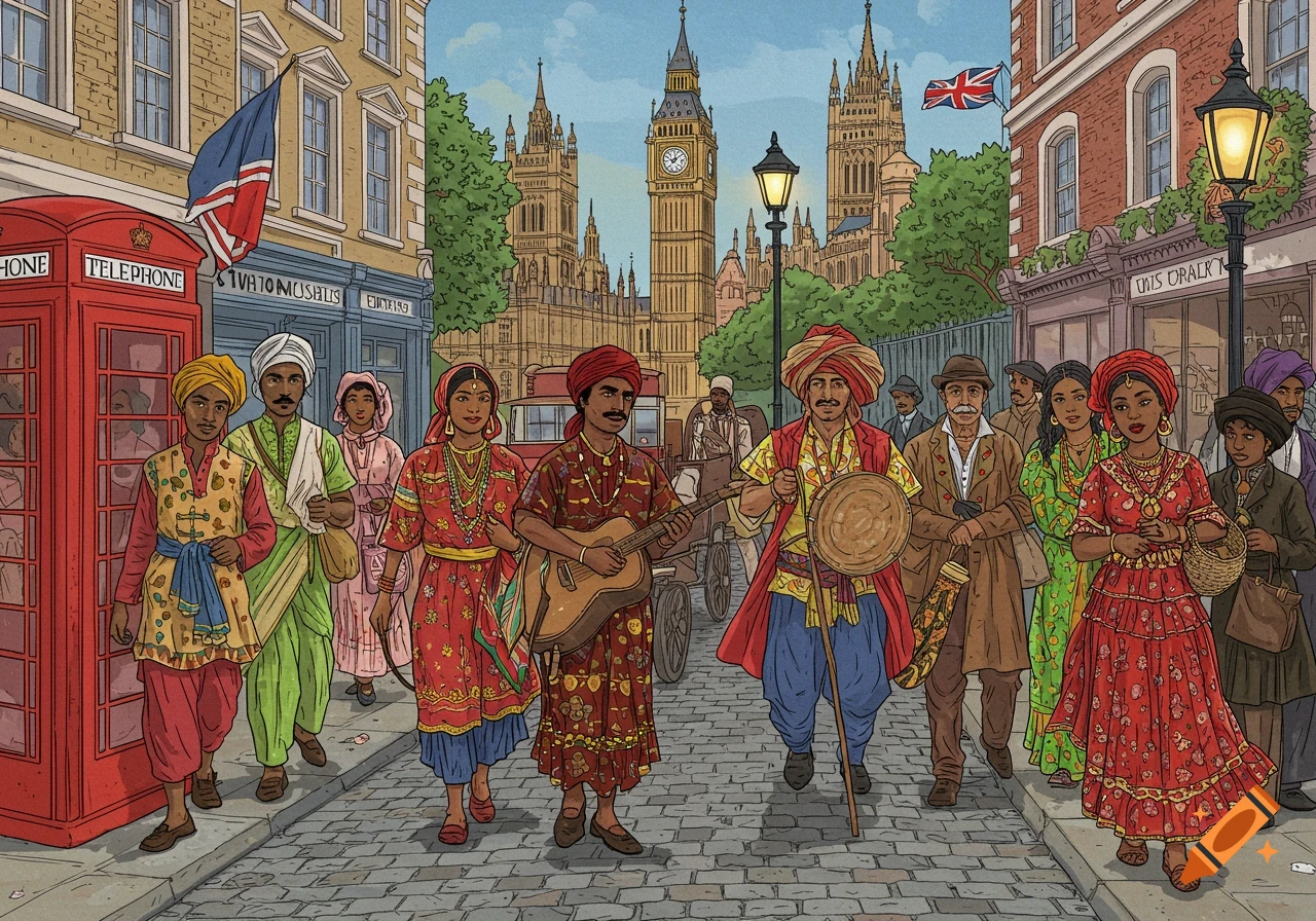 Illustration of a diverse group of people walking down a street in London, with Big Ben and a red phone box.