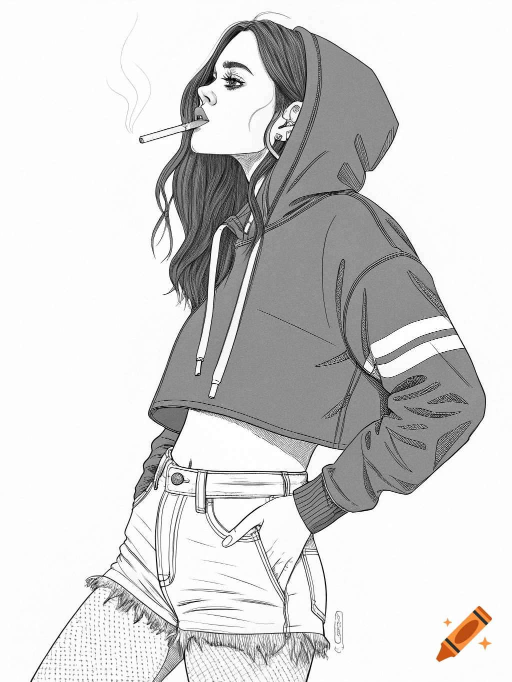 Line art drawing of a young woman in a cropped hoodie and jean shorts, smoking a cigarette.