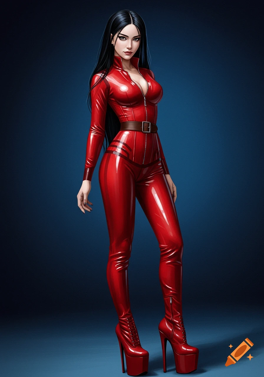 A woman in a red latex catsuit and high platform boots.