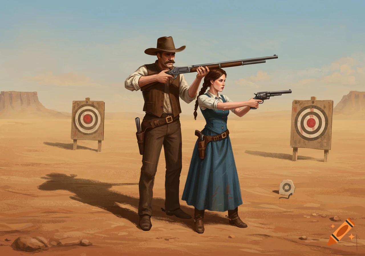 Digital painting of Old West man and woman doing target practice in a desert.