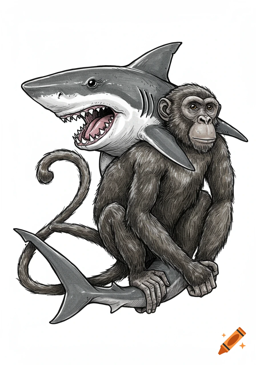 Illustration of a shark and monkey hybrid creature.