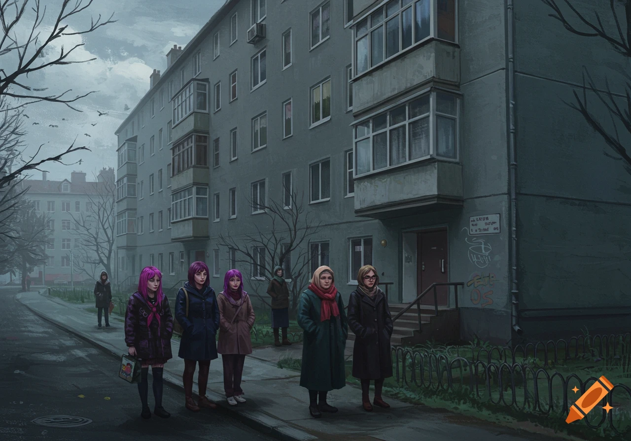 A group of women are standing on a sidewalk in front of a grey apartment building on a gloomy urban street.