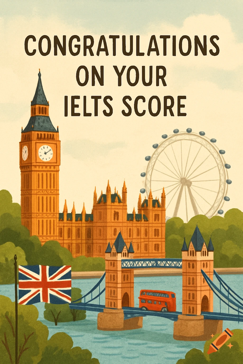 Illustration of London landmarks with Big Ben, Tower Bridge, London Eye, a red bus, and a Union Jack flag, with text.
