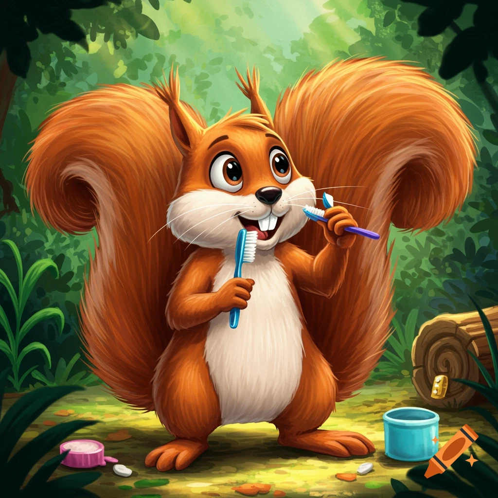 A cute cartoon squirrel stands in a forest, brushing its teeth with a blue toothbrush.
