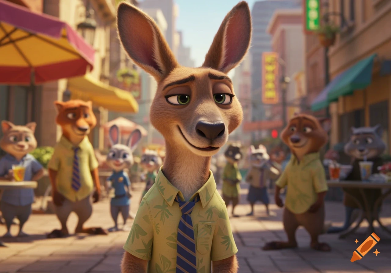 A kangaroo stands on a city street with other animated anthropomorphic animals in the background.