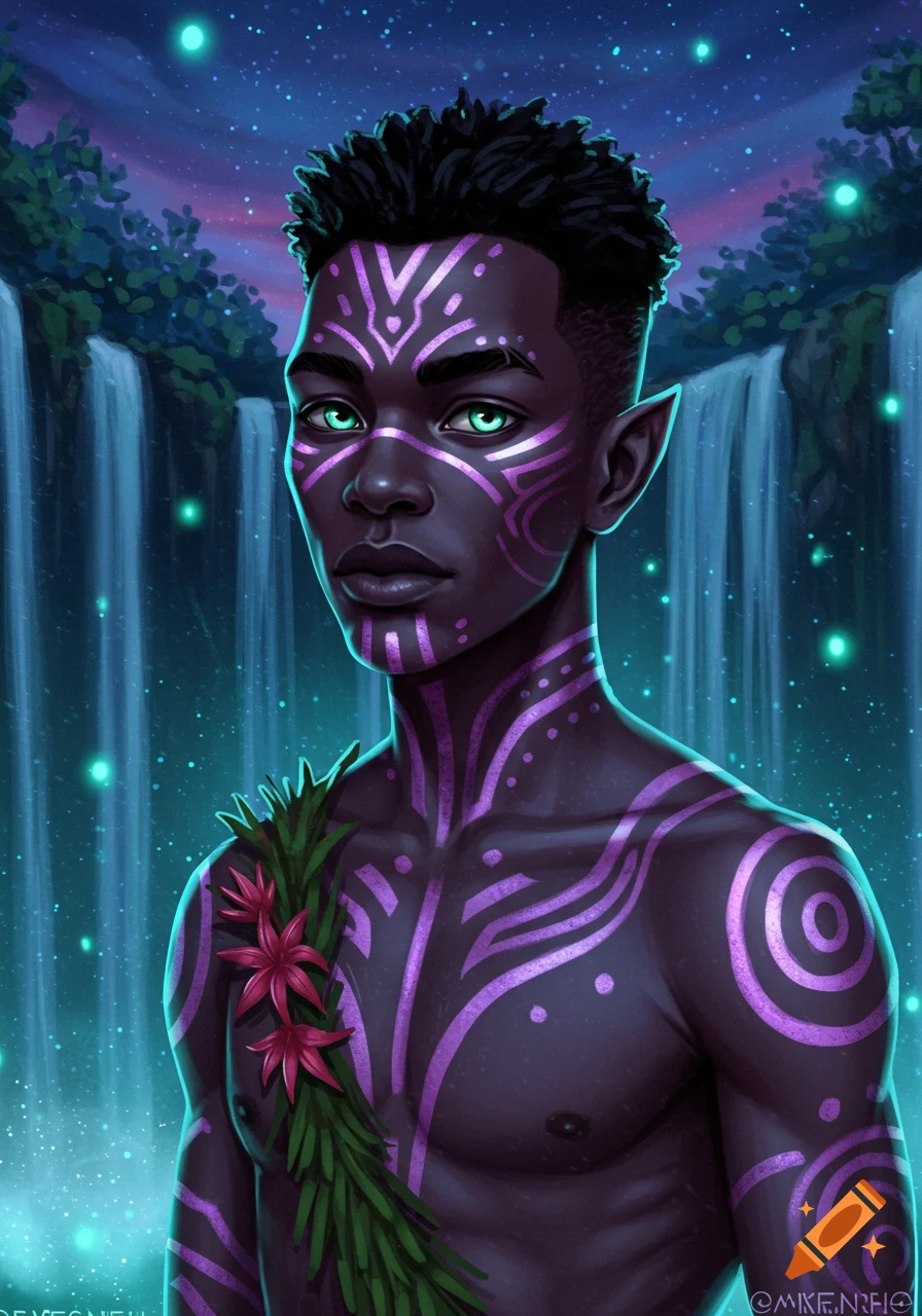 An African fae male with purple markings, elf ears, and glowing eyes, standing before waterfalls under a starry sky.