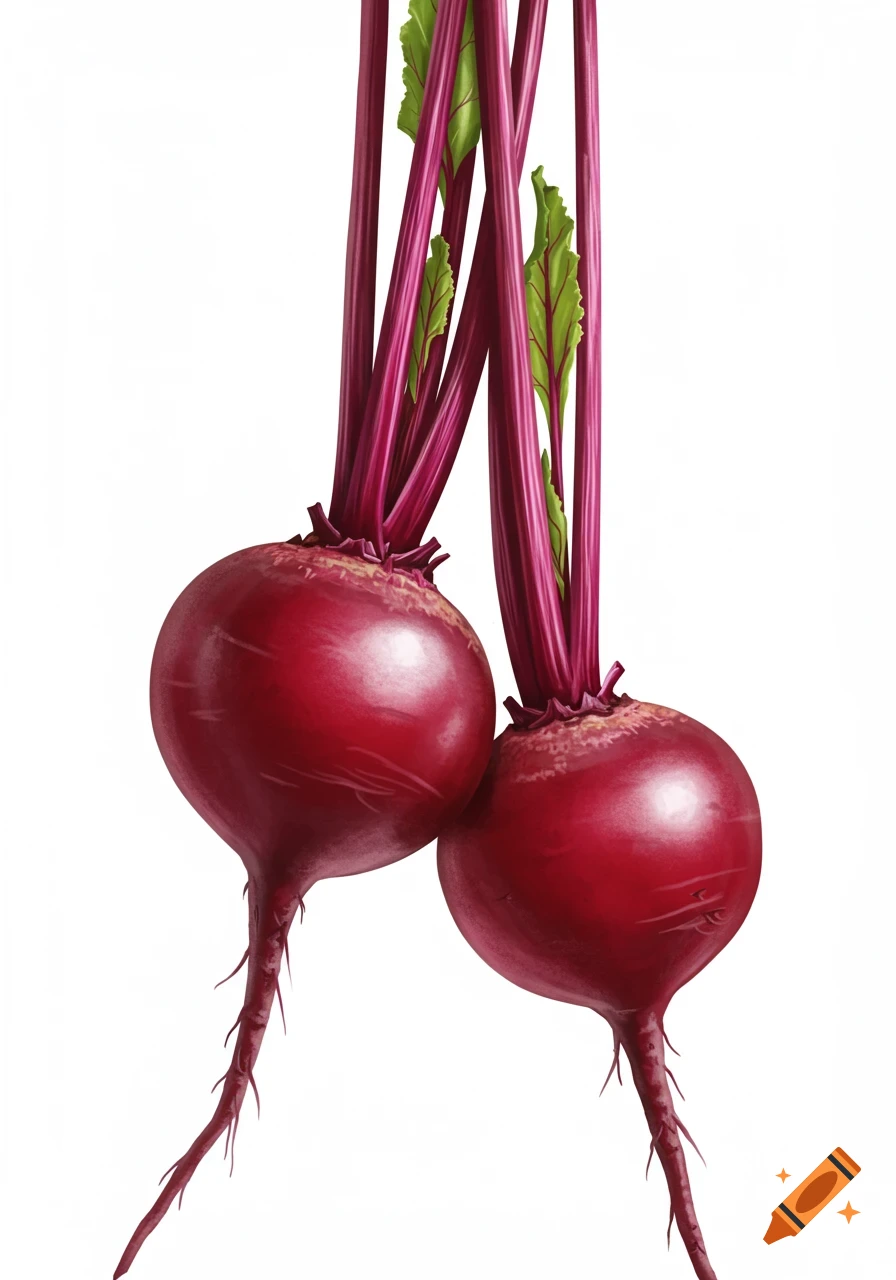 Two red beets with leaves, dangling.