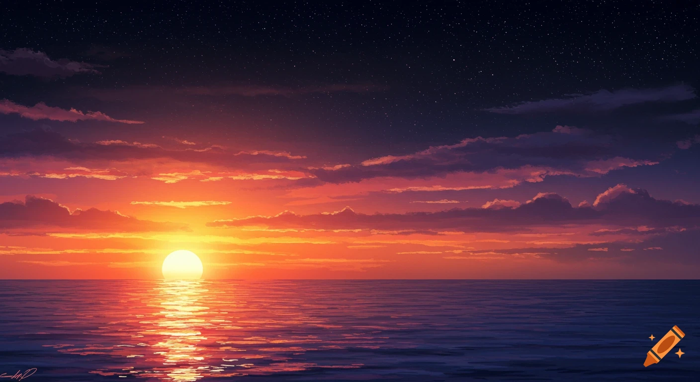 A stylized anime-style illustration of a vibrant sunset over the ocean with stars in the twilight sky.