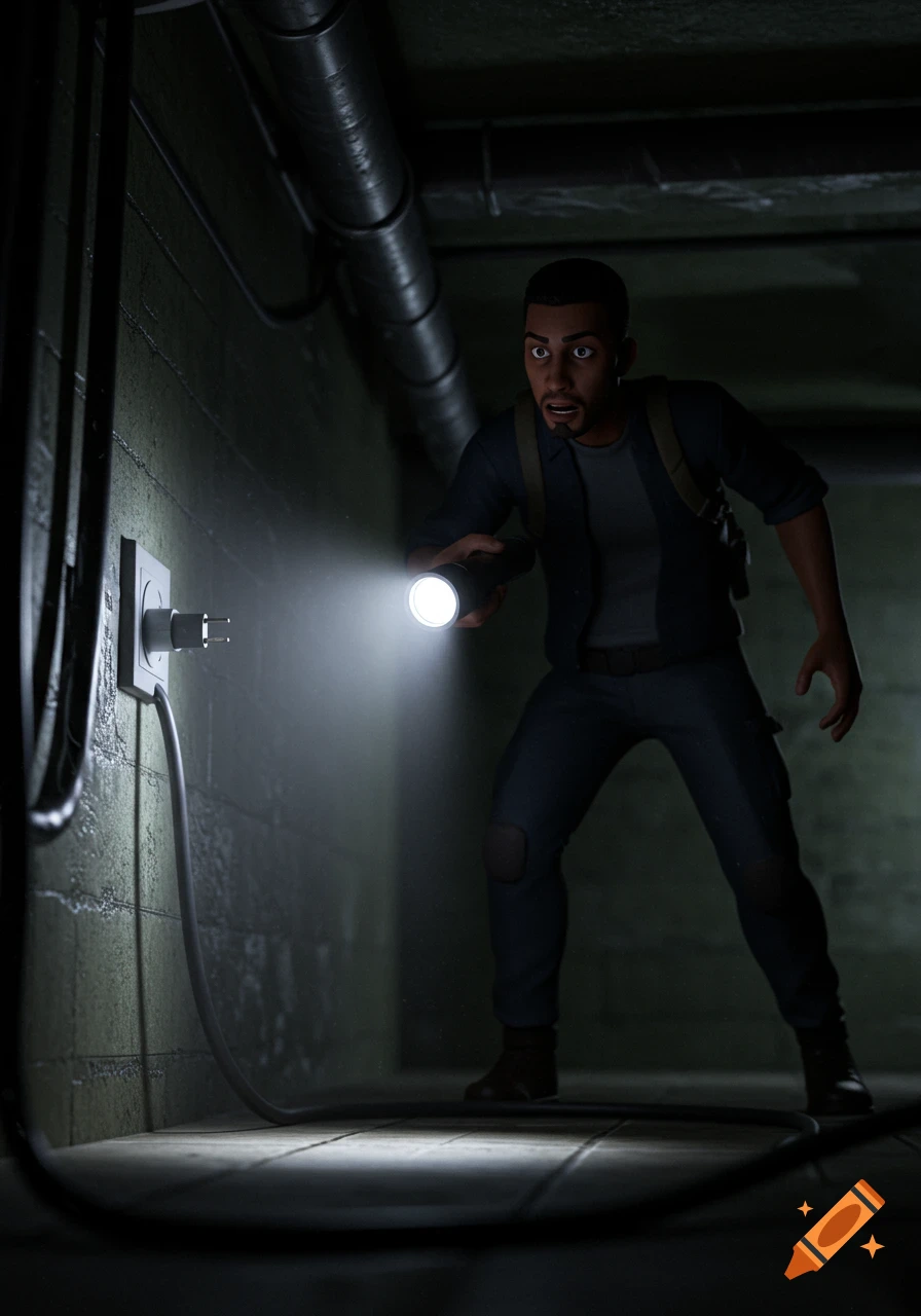 Animated man in a dark basement looking at a wall socket with a flashlight.