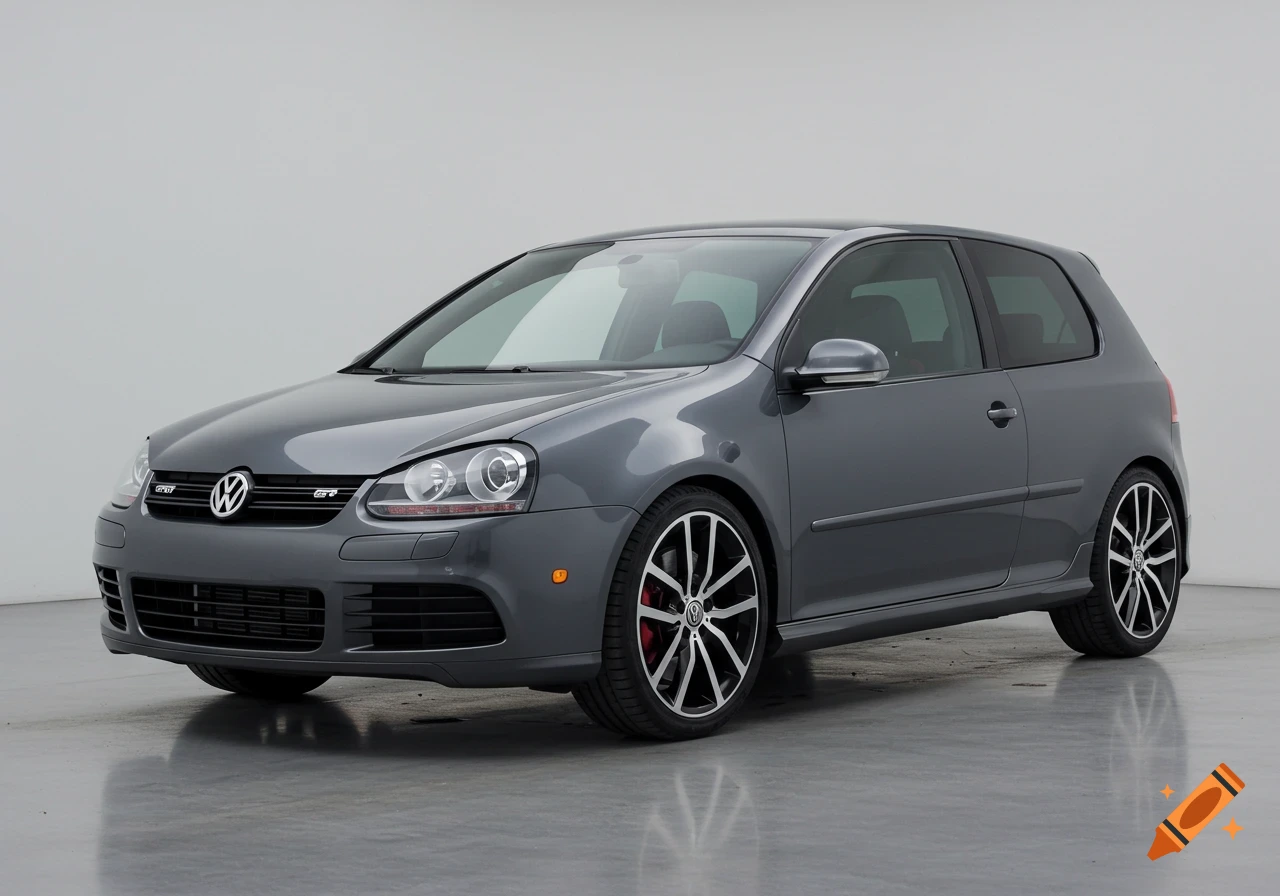 A grey Volkswagen Golf Mk5 hatchback car in a studio setting.