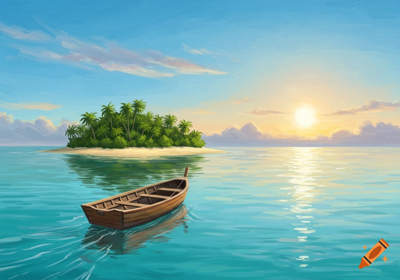 Wooden boat near a tropical island at sunset.