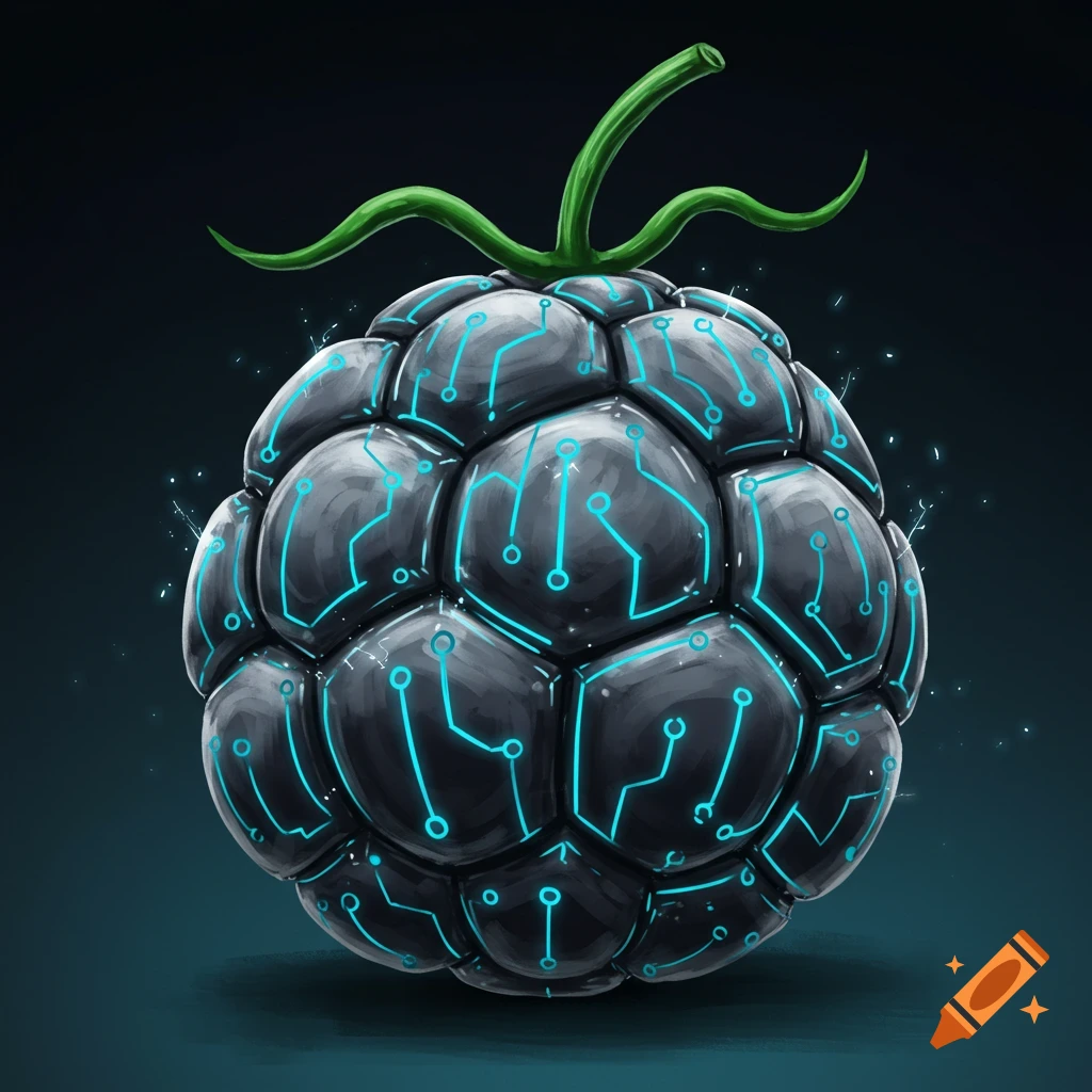 A black fruit with glowing blue circuit patterns and a green stem.