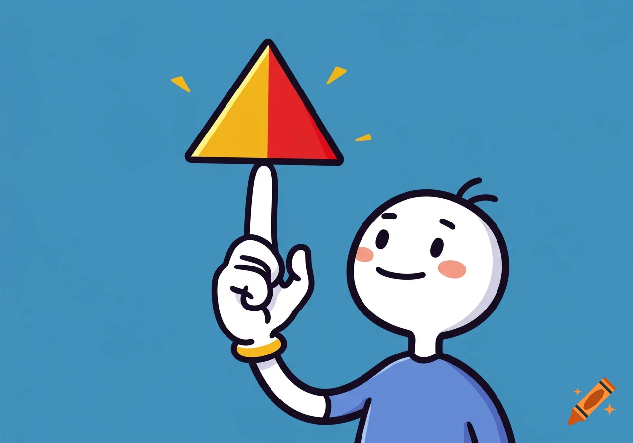 A simple cartoon person balances a red and yellow triangle on their finger.