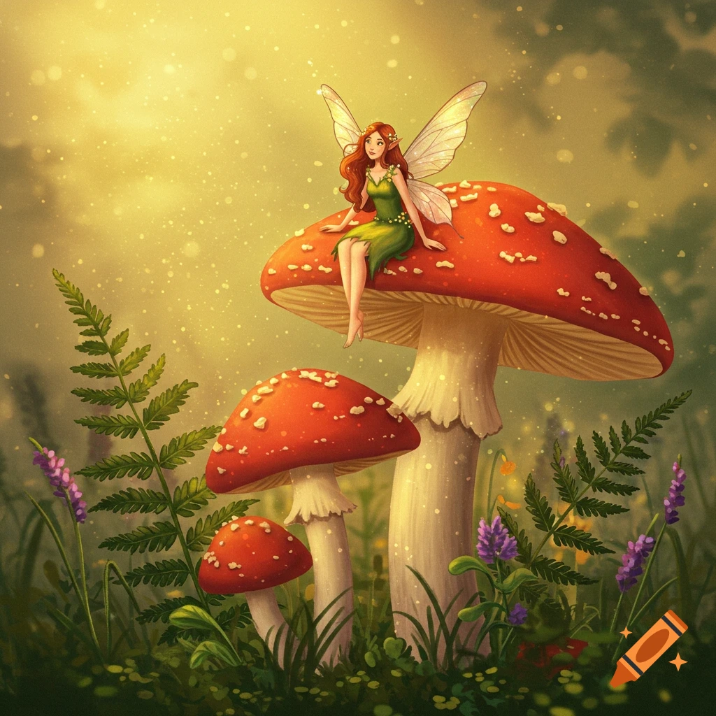 A fairy sitting on a large mushroom in a forest with sunlight.