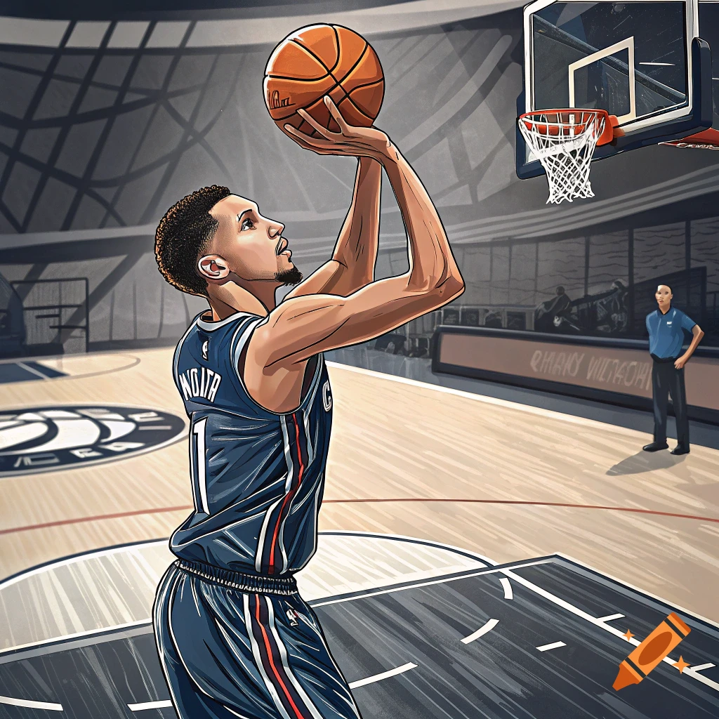 Illustrated basketball player in a blue jersey shooting a jump shot in a gym.