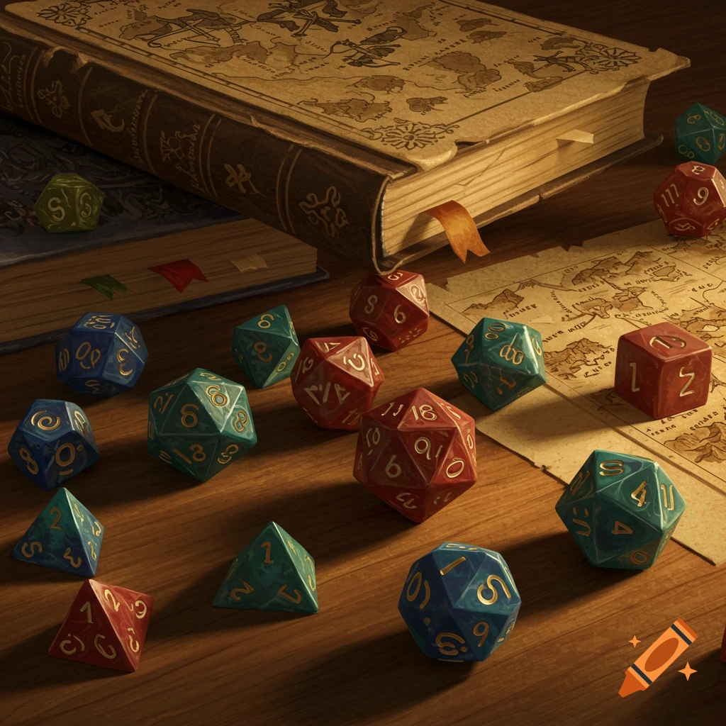 D&D dice scattered on a wooden table with open books and a map in a digital painting.