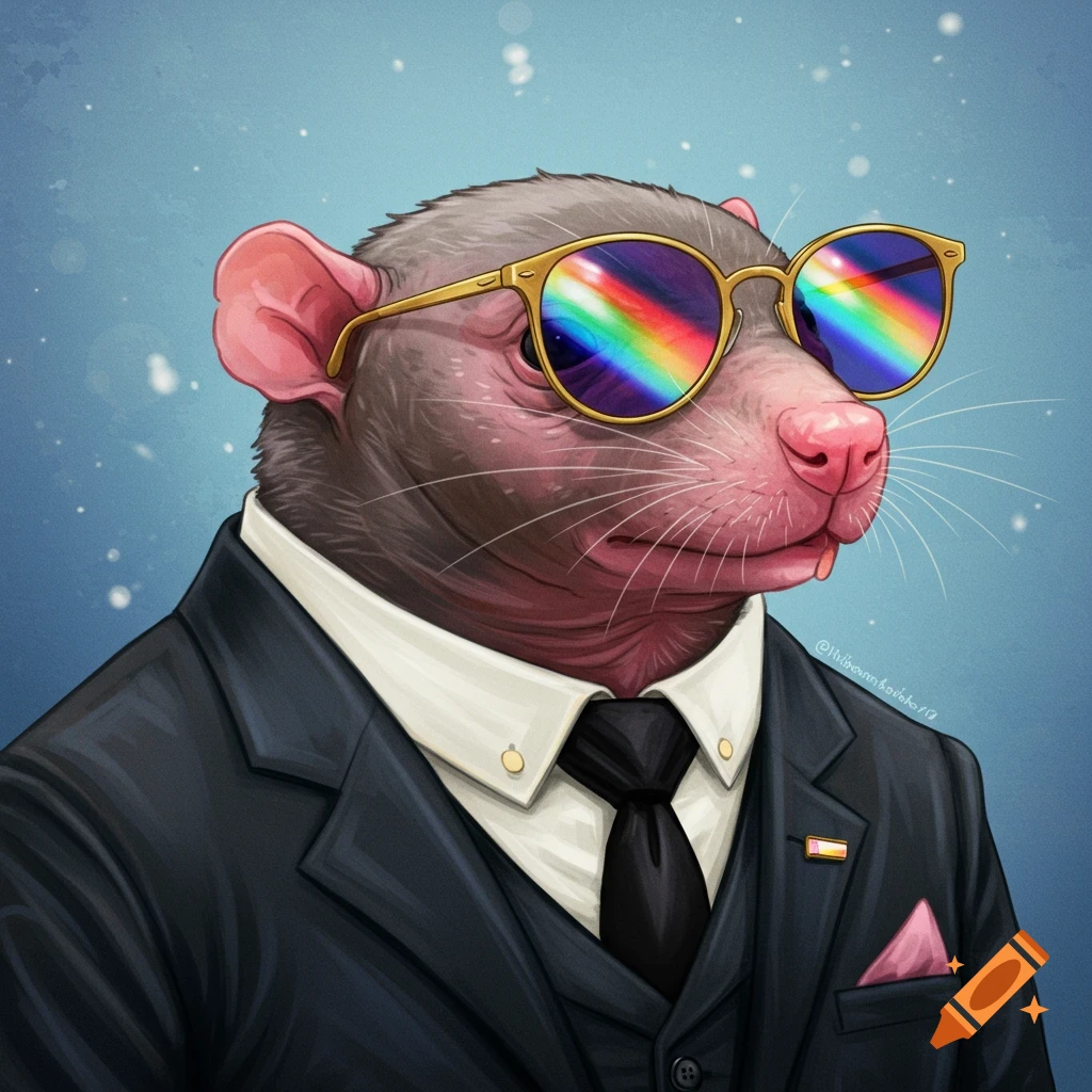 A mole rat wearing a black suit and rainbow reflective sunglasses.