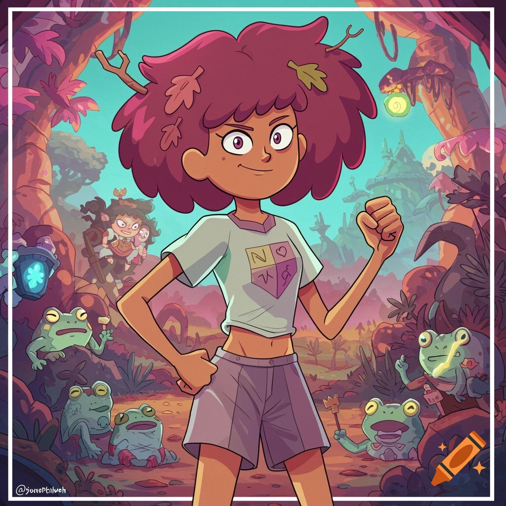 Anne Boonchuy stands confidently in a vibrant fantasy forest with frogs and other characters in a cartoon style.