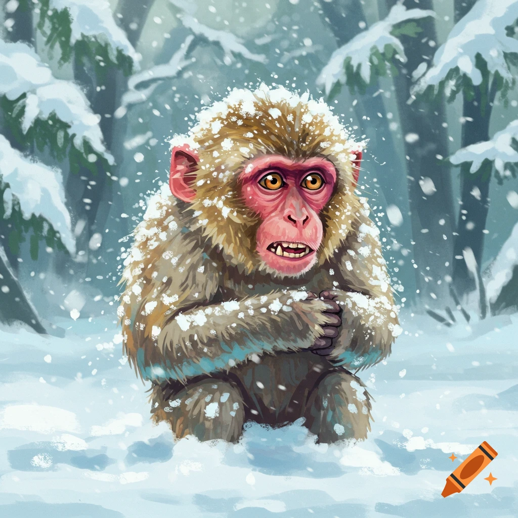 A monkey shivering in a snowy forest on Craiyon, image size:1024x1024