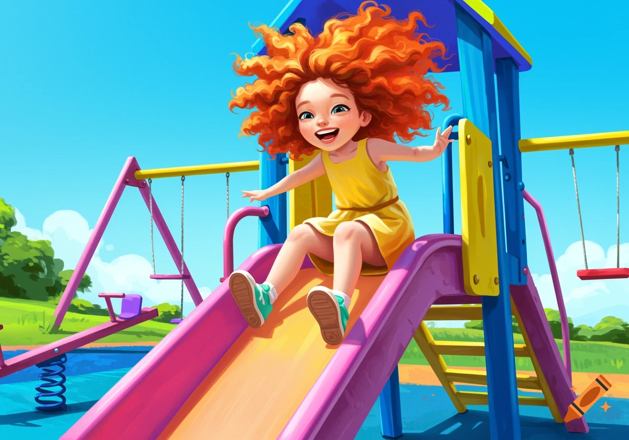 Illustration of a smiling young girl with bright red curly hair sliding down a colorful playground slide.