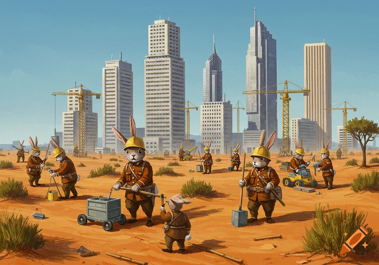 Rabbits in hard hats and army uniforms work on a construction site in a desert city.