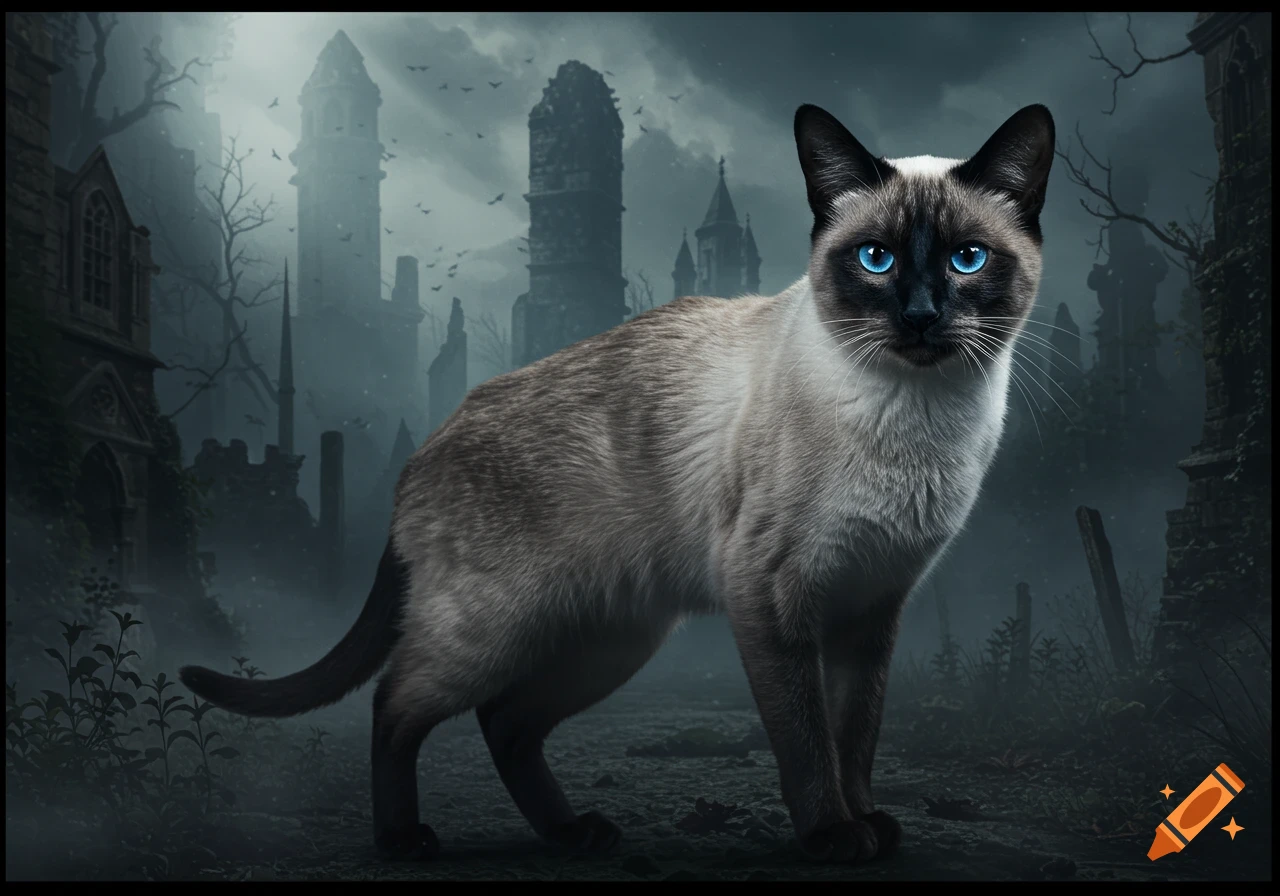 Siamese cat with blue eyes stands in dark, ruined gothic architecture
