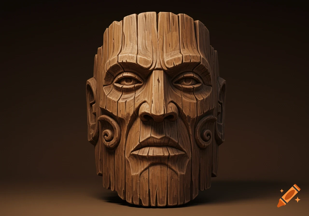 A carved wooden head with a stern face.
