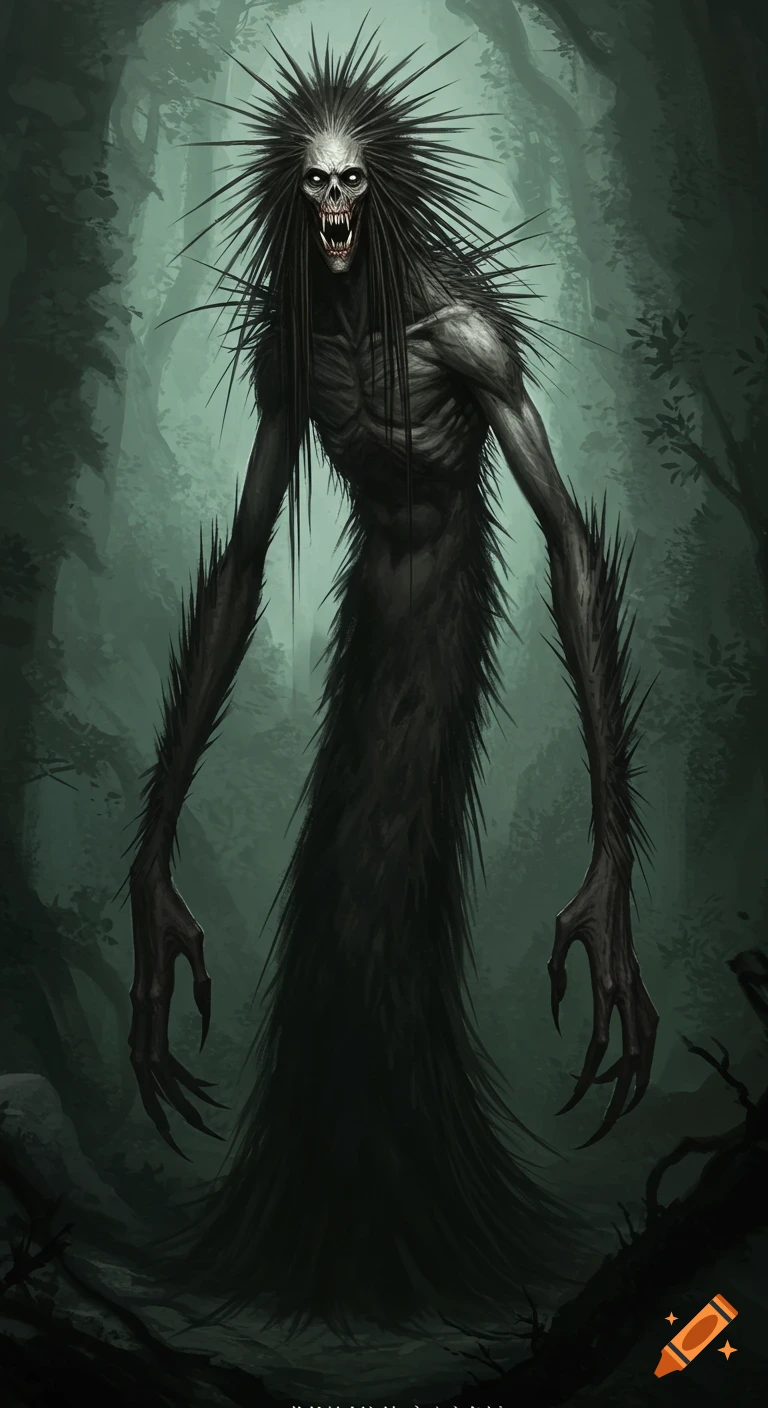 A tall, dark monster with sharp teeth and quills for hair stands in a forest.