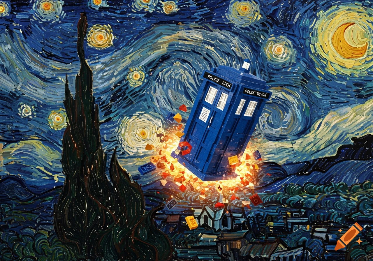 A Lego TARDIS exploding in the style of Van Gogh's Starry Night